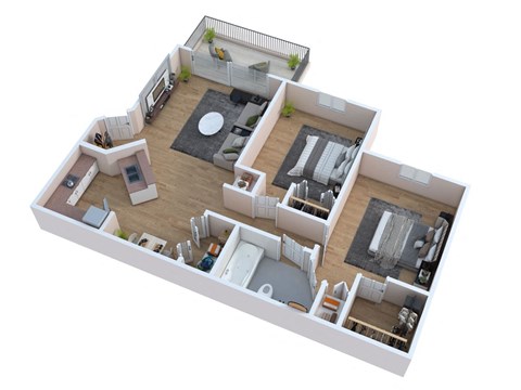 Floor plan for 2 beds, 1 bath, 877 sqft